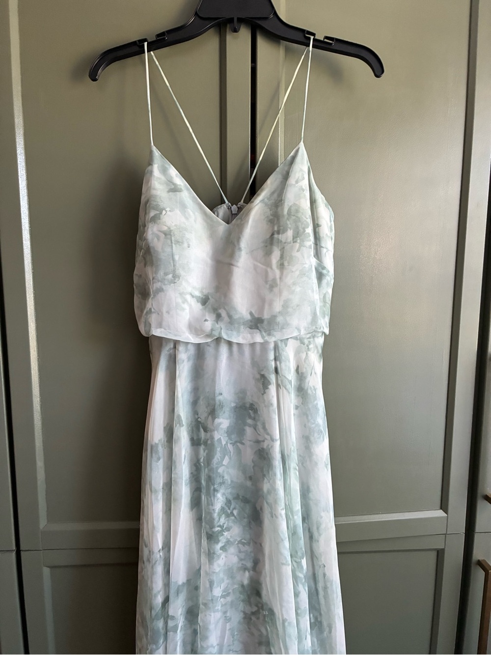 Jenny Yoo White and Pale Green Watercolor Slip Maxi Dress